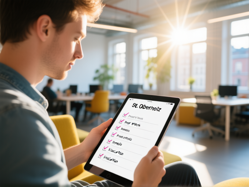 AI Image Prompt: A person looking at a checklist on a tablet, sitting in a bright, modern Berlin co-working space like St. Oberholz. Sunlight streams in. The checklist has items like 'Proof of Work', 'Portfolio', 'Financial Plan'. Photorealistic, lifestyle photo, vibrant colors --ar 16:9