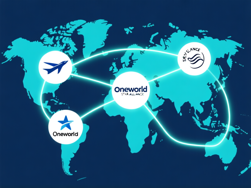 clean, minimalist infographic of airline alliance logos (Oneworld, SkyTeam, Star Alliance) connected by glowing lines over a world map, data visualization, vector art style