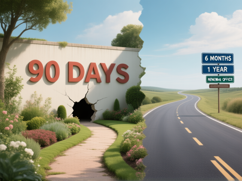 A visual metaphor for two different paths: one path is a short, beautiful garden trail ending abruptly at a '90 DAYS' wall. The other is a longer, paved road winding into the distance with signs for '6 MONTHS', '1 YEAR', and a renewal office. Art style: surreal digital collage, hyper-realistic elements, symbolic.