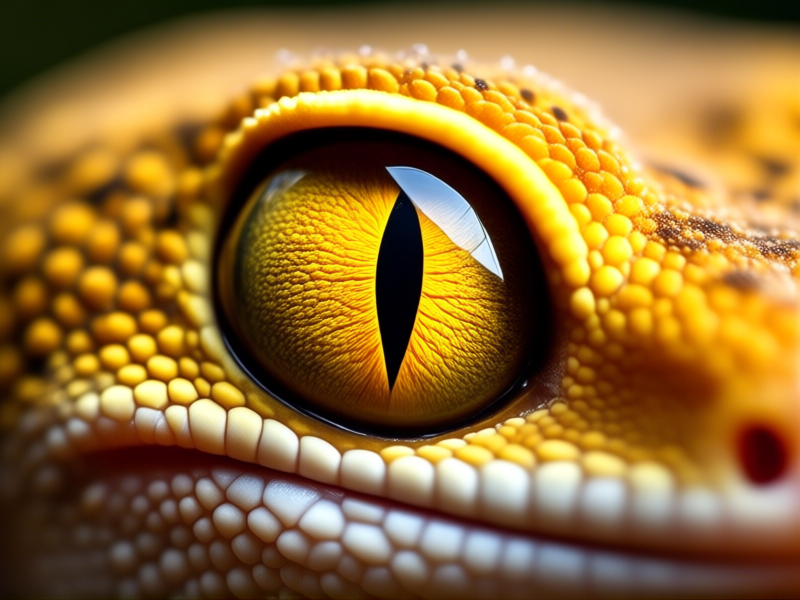 Stable Diffusion prompt: Photorealistic close-up of a leopard gecko's eye, pupil contracted to a tiny vertical black slit, brilliant yellow iris visible, detailed scales around the eye socket, soft relaxed expression, ambient warm light, shallow depth of field --style raw --ar 16:9