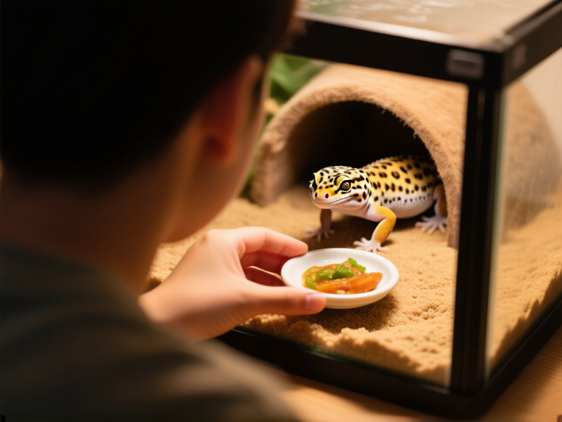A human hand very gently placing a small food dish into a leopard gecko tank. The gecko is visible in the background, peeking from inside a hide. Perspective over the human's shoulder. Warm mood lighting --ar 16:9