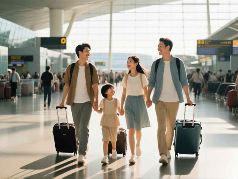 A cinematic, medium-wide shot of a family of four walking through a busy, sun-drenched international airport terminal, pulling sleek carry-on luggage. They're all smiling, looking relaxed. Shot on a 35mm film lens, with a slightly grainy, nostalgic texture.