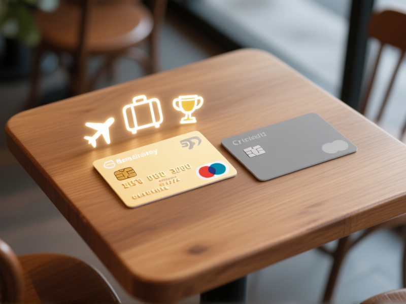 midjourney prompt: stylized comparison of two credit cards on a wooden cafe table, one glowing with benefits icons (plane, suitcase, trophy), the other grayed out, overhead shot, minimalist, sharp focus
