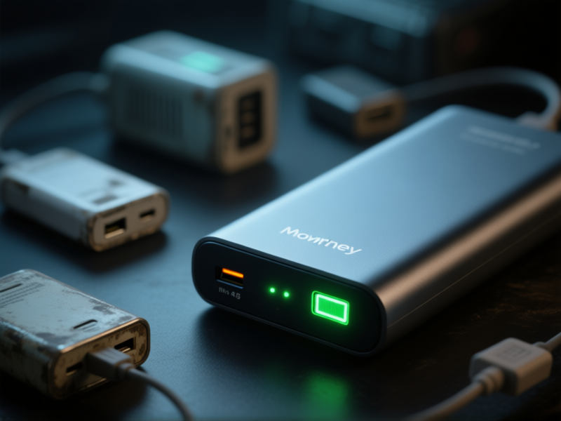 [Midjourney prompt: A dramatic, cinematic close-up of a high-capacity power bank, its charge indicator LEDs glowing. Other smaller, outdated power banks are out of focus in the background, looking feeble. Moody lighting, tech aesthetic, detailed matte finish, volumetric lighting, --ar 4:3]
