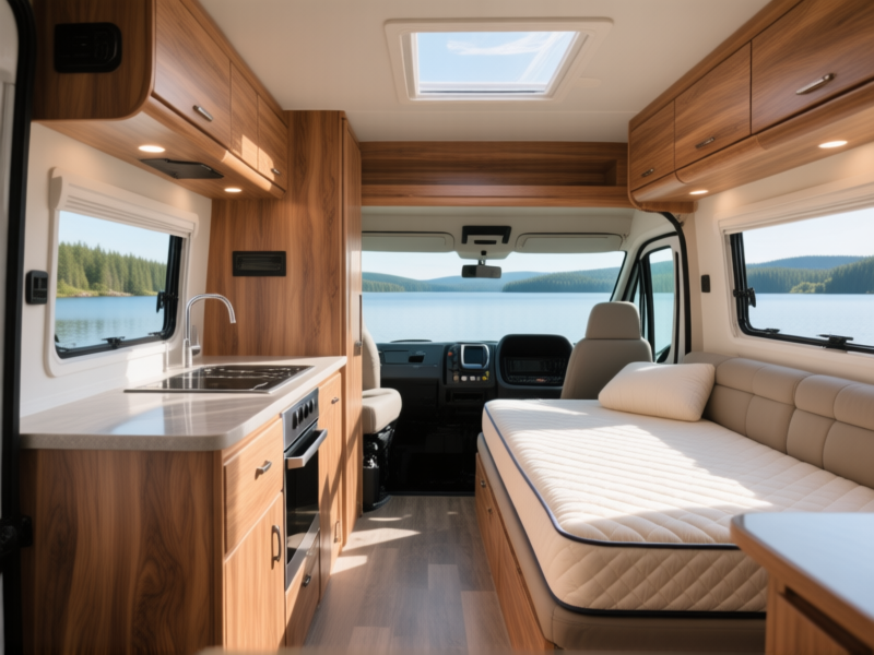 A clean, professional photo of a high-end pre-built campervan interior, showcasing polished wood cabinetry, a modular kitchen, and a memory foam bed, sunlight streaming through panoramic windows, parked at a scenic lake, hyperrealistic detail.
