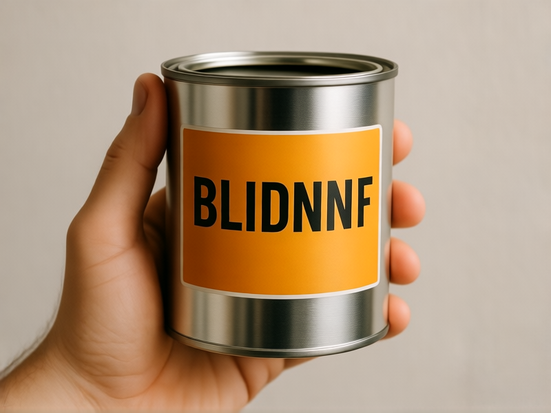 A human hand holding a paint can, with the clear, bold labels 