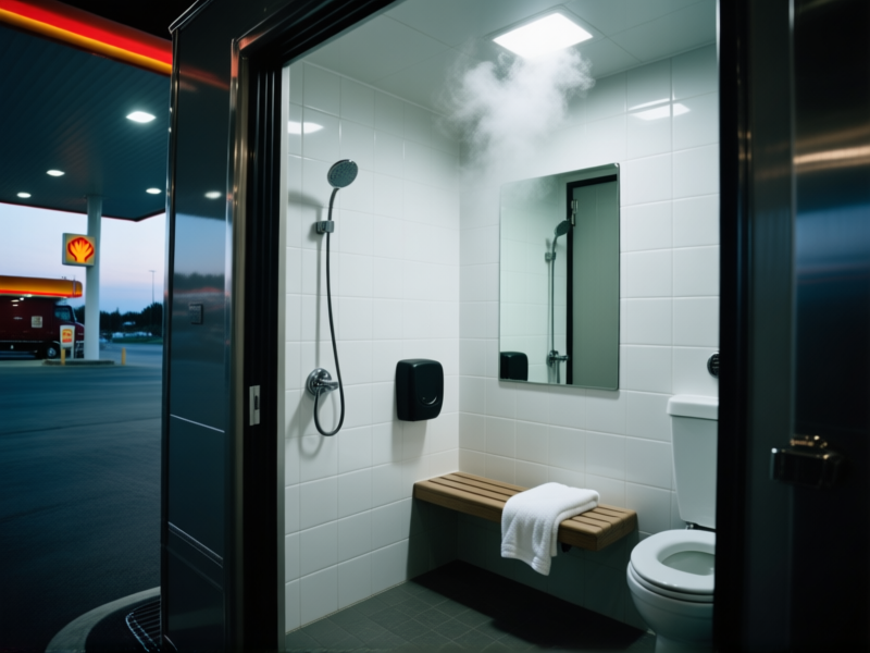 interior view from inside a private truck stop shower pod, clean white tiles, spacious, a small bench with a towel, steam on the mirror, moody cinematic lighting, sense of privacy and luxury on the road