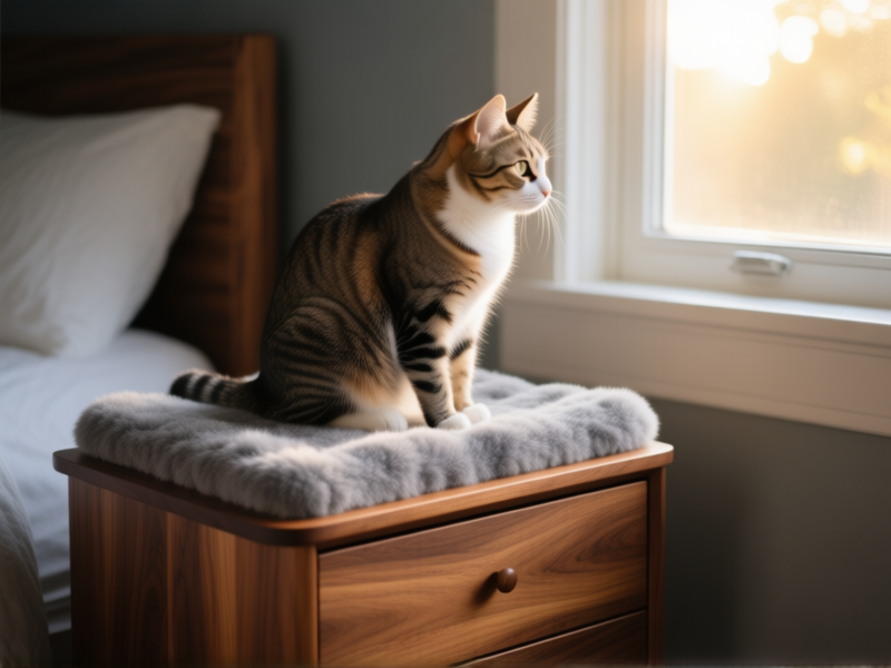 Midjourney Prompt: Close-up detail shot of a cat perched on a nightstand. The perch is a warm walnut platform with a plush, grey faux-fur top, seamlessly extending from the side of a matching nightstand drawer. Cat is looking out a window, backlit by morning sun. Shallow depth of field, emphasis on texture of wood and fur. --ar 4:3