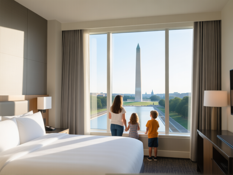 modern hotel room in Washington D.C., stylish and clean, floor-to-ceiling windows view of the Washington Monument, morning light, family with kids looking out, medium shot, minimalist design, bright and airy