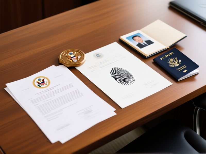 A close-up shot from above of three different official documents on a wooden desk: one with a large official seal, one with a fingerprint, one with a photo. A passport is open beside them. Sharp focus, clean desk aesthetic. --ar 16:9