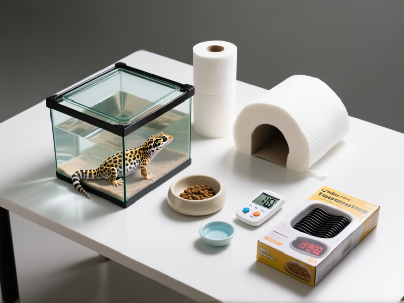 Midjourney Prompt: Top-down flat lay of essential leopard gecko quarantine supplies on a clean table: a 10-gallon glass tank, a roll of plain paper towels, a simple plastic hide cave, a ceramic food dish, a shallow water bowl, a digital thermometer/hygrometer, an under-tank heater on its packaging. Clean, studio lighting. --ar 16:9