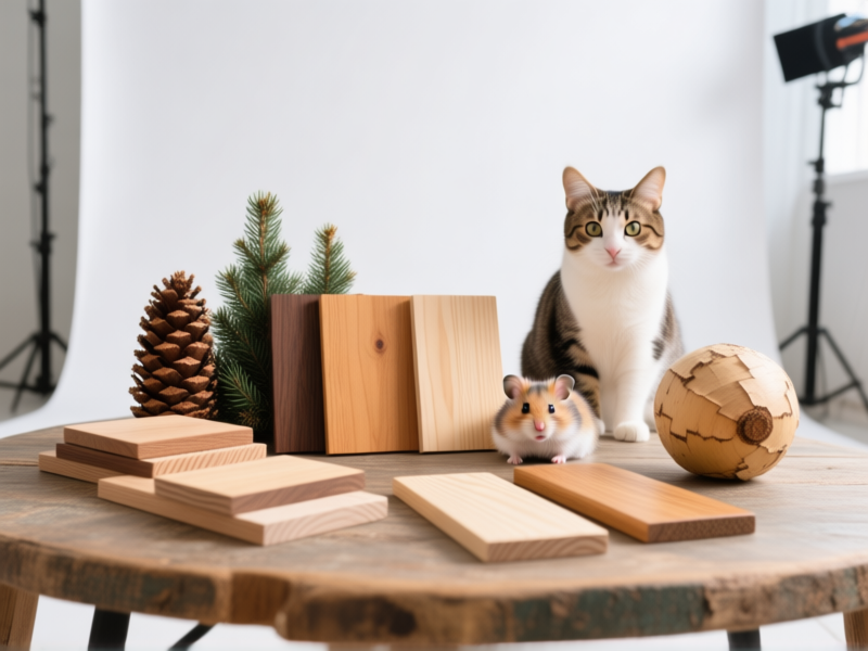 Midjourney prompt: A clean, bright studio shot of a selection of pet-safe wood samples like pine, fir, aspen, and poplar arranged on a rustic table, with a curious cat and a hamster in a ball nearby, sharp focus, vibrant colors, inviting and safe atmosphere.
