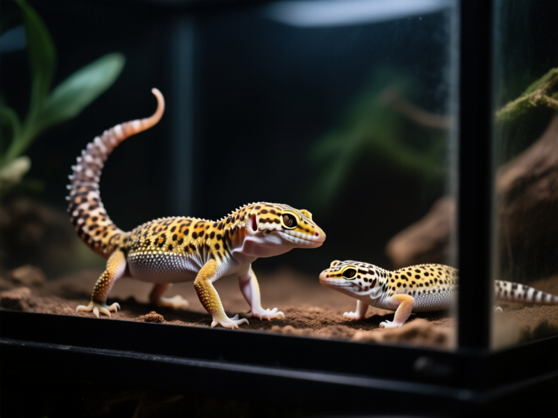 Two leopard geckos in one terrarium, one dominant lizard asserting dominance over a submissive one. Body language is tense, tails raised slightly. Moody lighting, realistic reptile textures.