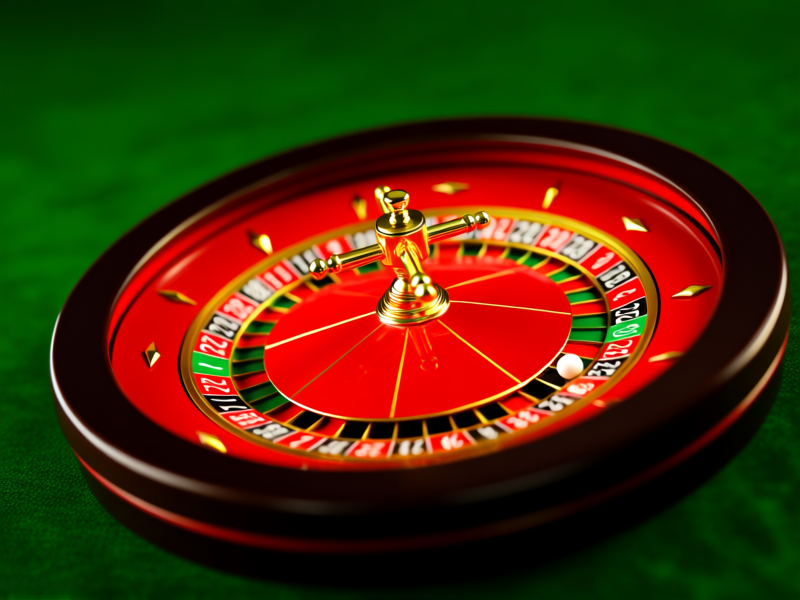 Close-up, stylized macro shot, a single red casino roulette wheel with miniature gold credit cards instead of numbers, dynamic blur, spotlight focus, on a green velvet background, ultra-realistic CGI.