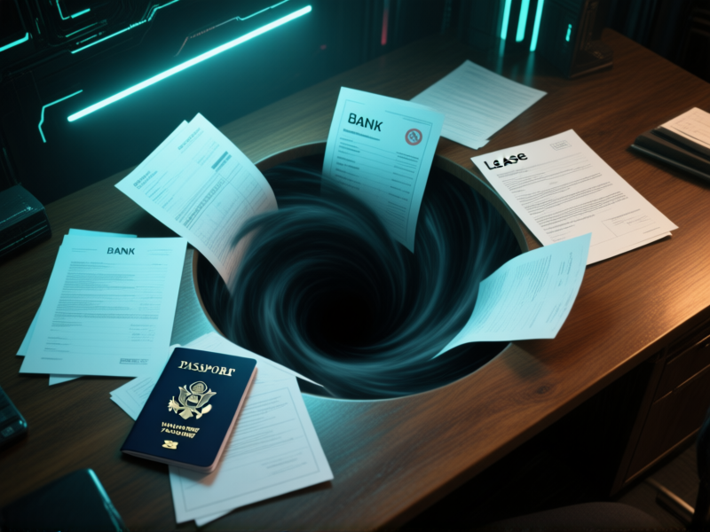 Midjourney Prompt: A metaphorical digital art image of important documents -- passport, bank statements, lease agreements -- being sucked into a swirling, dark vortex on a wooden desk. Style of cyberpunk realism, dramatic lighting, sense of urgency and loss, deep shadows --ar 16:9