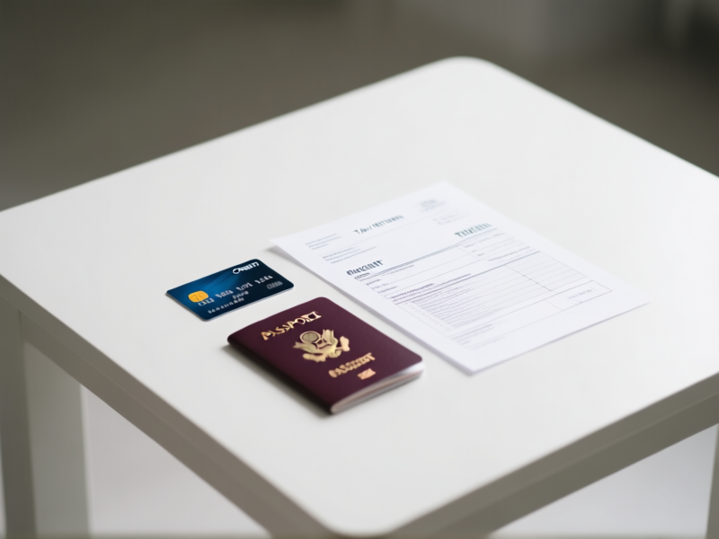 A clean, minimalist tabletop with a single credit card, a passport, a recent pay stub, and a tax return document. Soft focus background, top-down shot, sharp focus on documents, studio lighting.