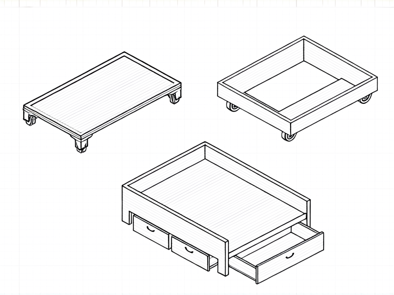 Midjourney Prompt: Three simple line drawing diagrams of van bed platform designs on graph paper: 1. A simple rectangular platform. 2. A platform with cut-out corners for wheel wells. 3. A raised platform with storage drawers underneath. Professional draft line art style, clean white background. --ar 16:9