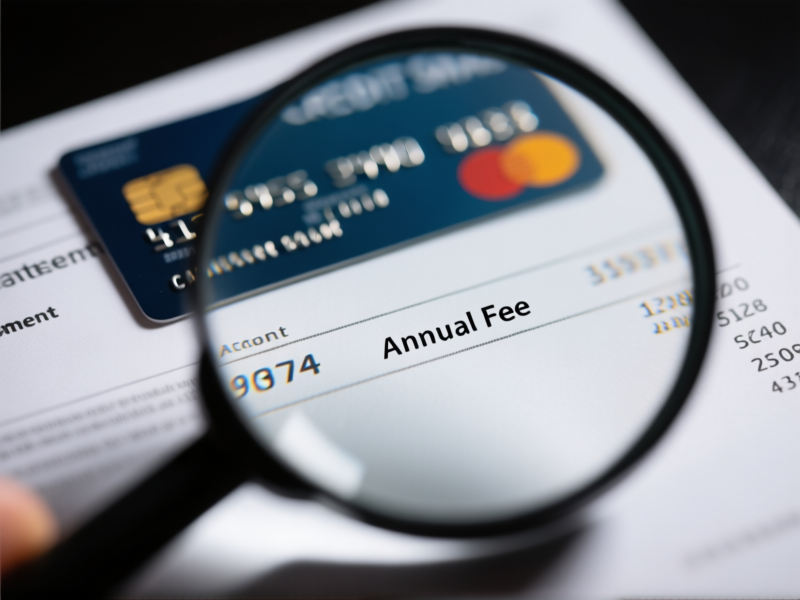 close-up macro shot of a credit card statement, a magnifying glass hovering over the 'Annual Fee' line item. Shallow depth of field, the numbers are slightly blurred but the fee amount is sharp and clear. Dramatic lighting, sharp focus. --ar 16:9 --v 6.0