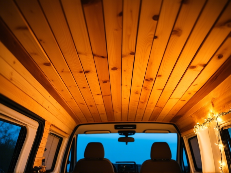 interior shot looking up at a van ceiling, DIY wood slat paneling made from lightweight pine strips, warm cozy cabin vibe, fairy lights, shallow depth of field, lifestyle photo, cozy van life