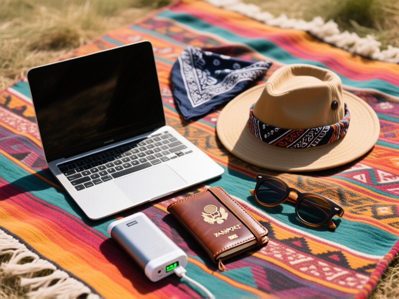 Midjourney prompt: Flat lay photography of festival nomad gear on a colorful tapestry, minimalist tech essentials meet festival fashion: small laptop, portable battery, rugged notebook, leather passport wallet, pair of durable sunglasses, a patterned bandana, and a foldable hat, soft natural light, aspect ratio 4:3