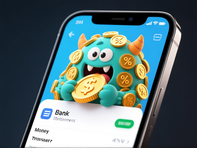 Close-up, photorealistic image of a sleek, modern smartphone screen showing a bank statement, a giant, cartoonish monster made of coins and percentage symbols is sneakily gobbling up a chunk of a money transfer, detailed, humorous, bold colors, digital art style --ar 4:5 --v 6.1