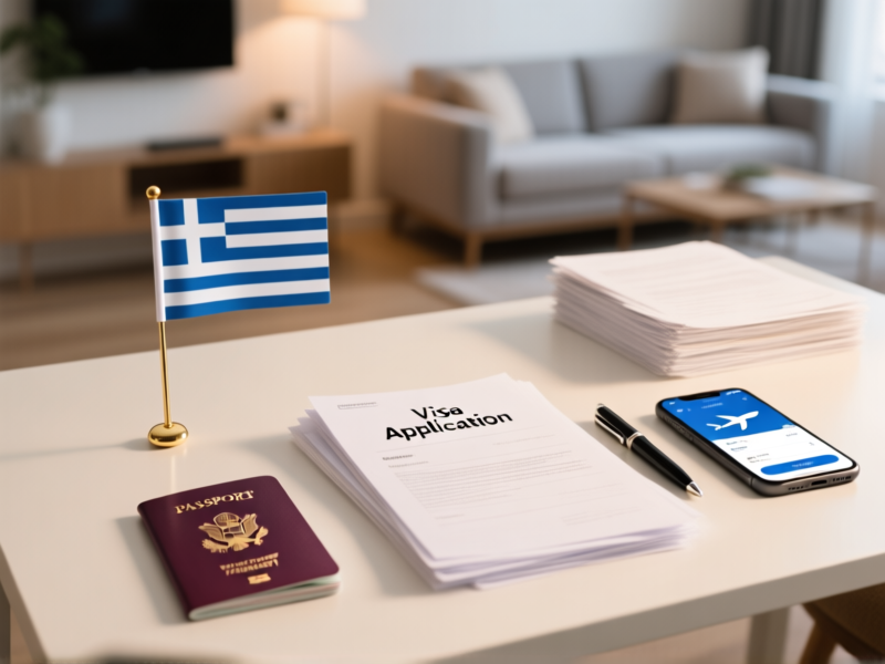 AI Image Prompt: A minimalist, clean desk setup with a Greek flag pin next to a passport, a neat stack of documents labeled 'Visa Application', a pen, and a smartphone showing an airline app. Soft focus background of a modern Athenian apartment. Style: corporate realism with warm tone. --ar 16:9