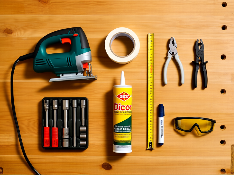 Flat lay, top-down view of all tools needed to install a roof fan: Jigsaw, drill, socket set, butyl tape roll, Dicor self-leveling sealant tube, measuring tape, marker, wire strippers, and safety glasses on a wooden workbench. Clean, organized, professional photo style.