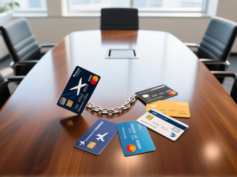 Midjourney prompt: Aerial top-down view of five different airline loyalty cards fanned out in a perfect chain reaction on a polished wooden conference table. The first card is tipping into the second, and so on. Clean, bright office light. --ar 16:9 --v 6.0