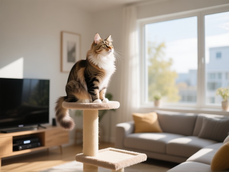 Midjourney prompt: A contented cat perched on a high platform of a media console cat tree, looking out a window, sunny modern living room, fluffy cat with detailed fur, cozy afternoon light, photorealistic