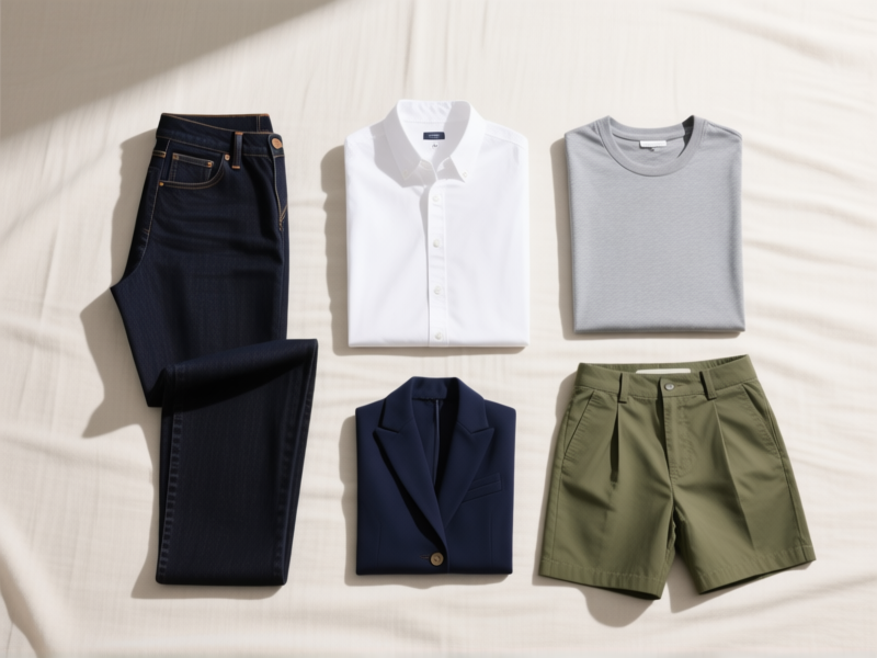 Midjourney prompt: A clean, minimalist flat lay of five clothing items on a neutral fabric background: a dark pair of jeans, a white button-up shirt, a simple navy blazer, a grey t-shirt, and olive chino shorts. Bright, even lighting, crisp shadows, fashion photography style. --ar 16:9 --v 6.0