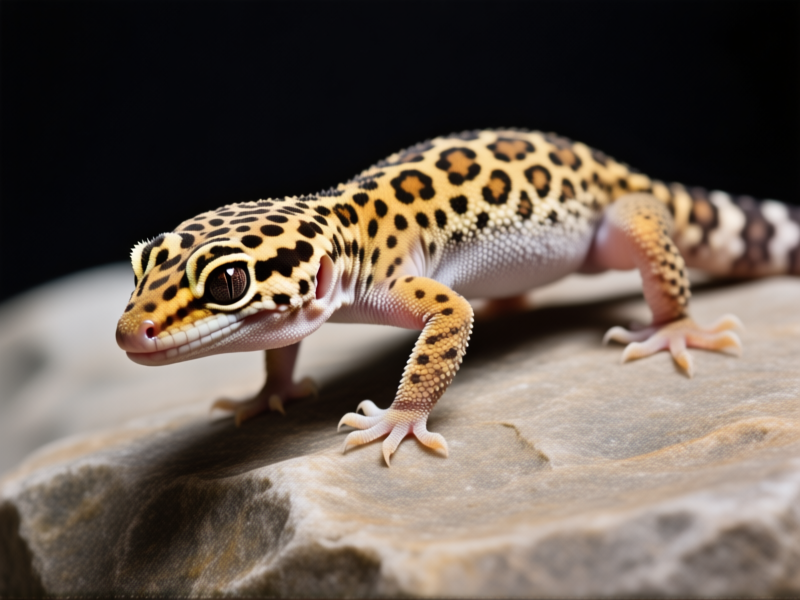 Midjourney Prompt: A leopard gecko with slight bowing in its front limbs, struggling to lift its body off a smooth rock, texture detail on skin, visible stress in posture, studio lighting, realism, sharp focus --ar 16:9