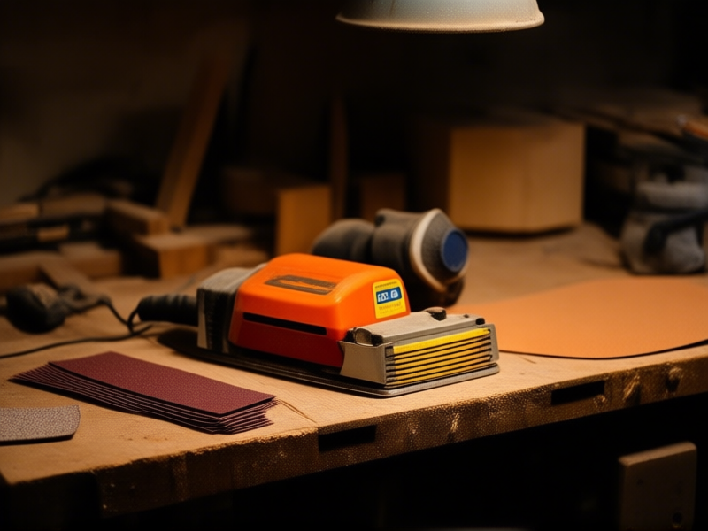 AI Image Prompt: A well-organized, slightly worn DIY workbench. A random orbital sander sits in the foreground, with a progression of sandpaper grits (80, 120, 220) fanned out beside it. Wood shavings and a dust mask visible. Moody, practical lighting. --ar 16:9 --style raw