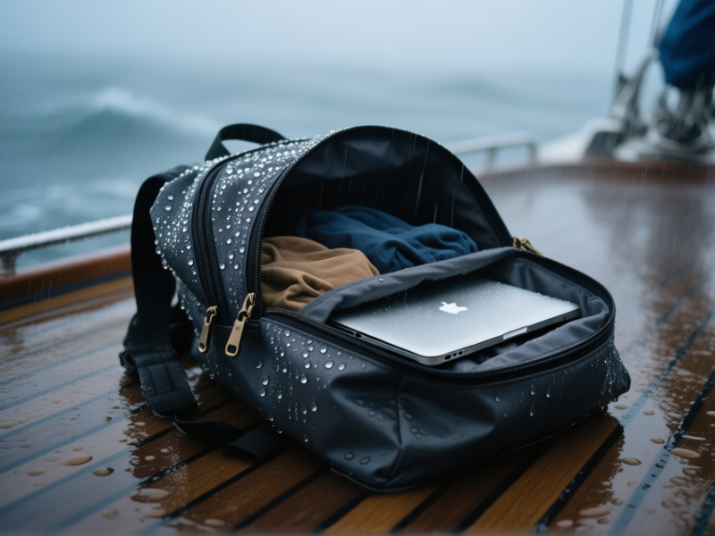 Close-up detail shot of a waterproof roll-top backpack resting on a wet boat deck. Spray and sea mist on the camera lens. The bag's fabric is beaded with water, completely dry inside where a laptop and clothes are visible. Cinematic, dramatic lighting. --ar 4:5 --style raw