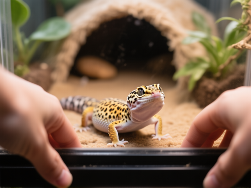 A person's eye view looking down into a leopard gecko enclosure from above, hands visible and still. The gecko is looking up, alert but not scared. Cozy habitat with hides and plants. Soft focus background. --ar 16:9