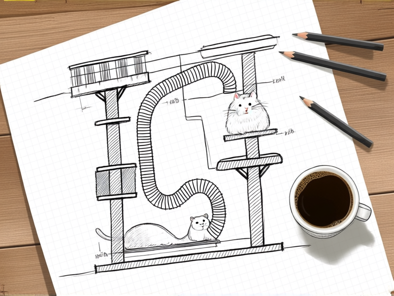 A detailed, hand-drawn sketch on graph paper showing a cross-section of a cat tree and tube network. Lines show hamster tube paths, cat perches, and support beams. Pencils and a coffee mug sit beside it. Style: Utilitarian sketch, top-down view, planning phase.