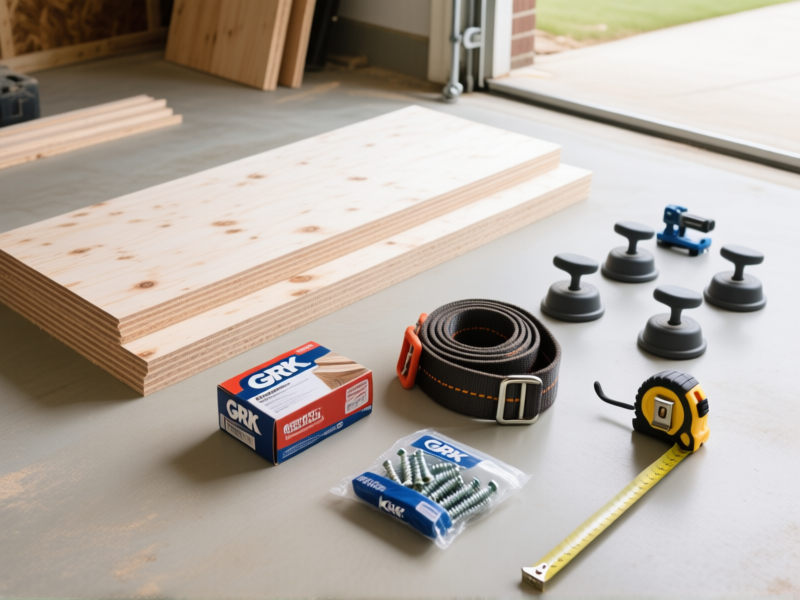 Stable Diffusion prompt: A clean, organized flat lay photograph on a garage floor. Includes: sheets of birch plywood, a box of GRK cabinet screws, a pack of heavy-duty ratchet straps, four furniture dollies, a Kreg pocket-hole jig, and a tape measure. Daylight, sharp focus, DIY aesthetic. --ar 4:3