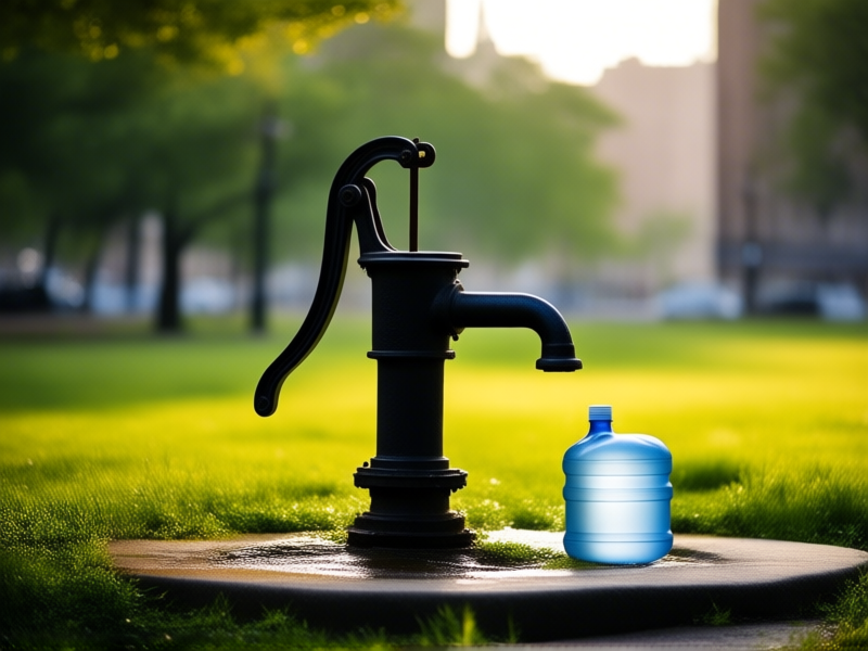 Photorealistic image of a vintage style cast iron water pump in a lush green city park, early morning light, a 5-gallon water jug sitting at its base, detailed, atmospheric --ar 16:9 --v 6.0