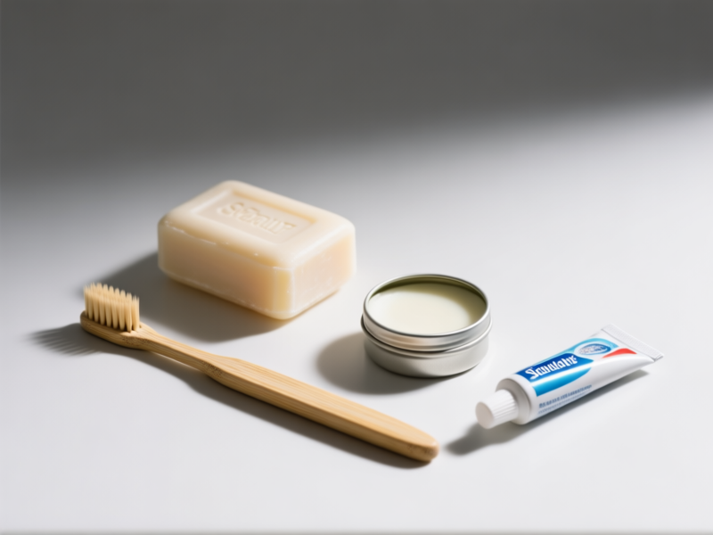 Extreme close-up on four essential toiletry items against a plain background: a simple bar of soap, a bamboo toothbrush, a small tin of solid deodorant, and a miniature tube of toothpaste. Clean, sharp product photography, hyper-detailed, studio lighting -- ar 4:5 --style raw --v 6.0