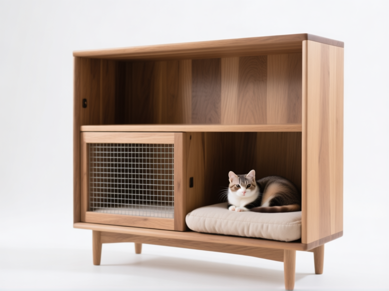 Midjourney prompt, style: modern product photography, aspect: 3:2 -- A stylish, minimalist oak bookcase where one shelf section is replaced with a wire-mesh enclosure for a ferret, and a cat is curled up on a built-in cushioned perch two levels up. Clean studio lighting, white background. Hyper-detailed. --ar 3:2