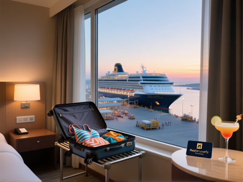 A serene, stylish hotel room with floor-to-ceiling windows overlooking a bustling cruise ship terminal at dawn. A suitcase is open on a luggage rack, half-packed with beachwear. On the nightstand, a keycard from a major hotel loyalty program lies next to a welcome cocktail. Hyper-realistic, detailed, atmospheric.