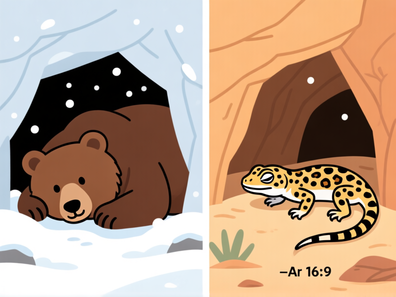Side-by-side illustration split down the middle. Left: a brown bear hibernating deeply in a snowy cave. Right: a leopard gecko awake but very still in a warm desert cave, eyes half-open. Scientific diagram style, clean lines, labels for differences –ar 16:9