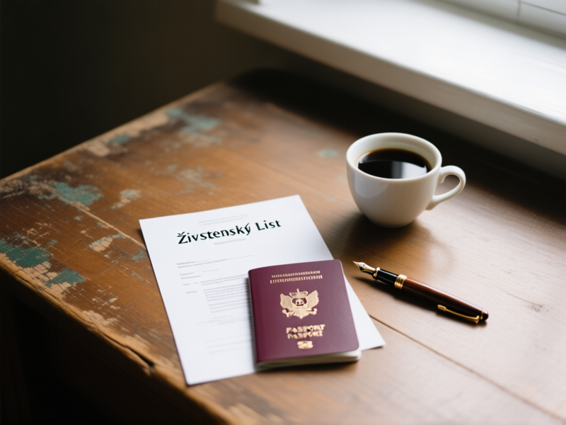 Minimalist flat lay on a worn wooden desk: a simple 'Živnostenský list' document next to a passport, a vintage fountain pen, a cup of strong black coffee, morning light streaming through a window, shallow depth of field --ar 4:3 --style raw