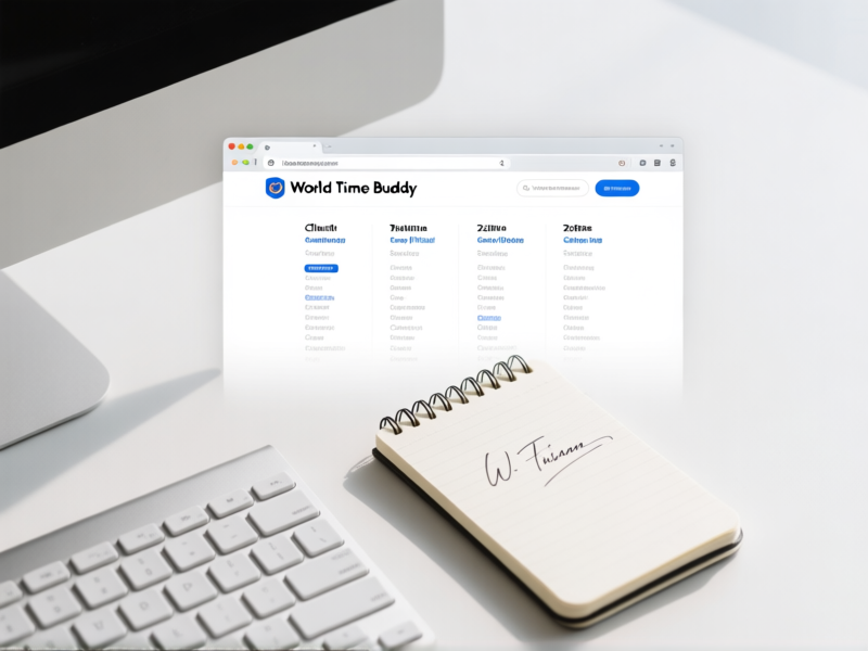 A clean, minimalist desktop browser view. The World Time Buddy website is open, showing four timezone columns labeled with client names and cities. A notebook with elegant handwriting sits next to the keyboard. Top-down flat lay style, clean aesthetic, soft shadows