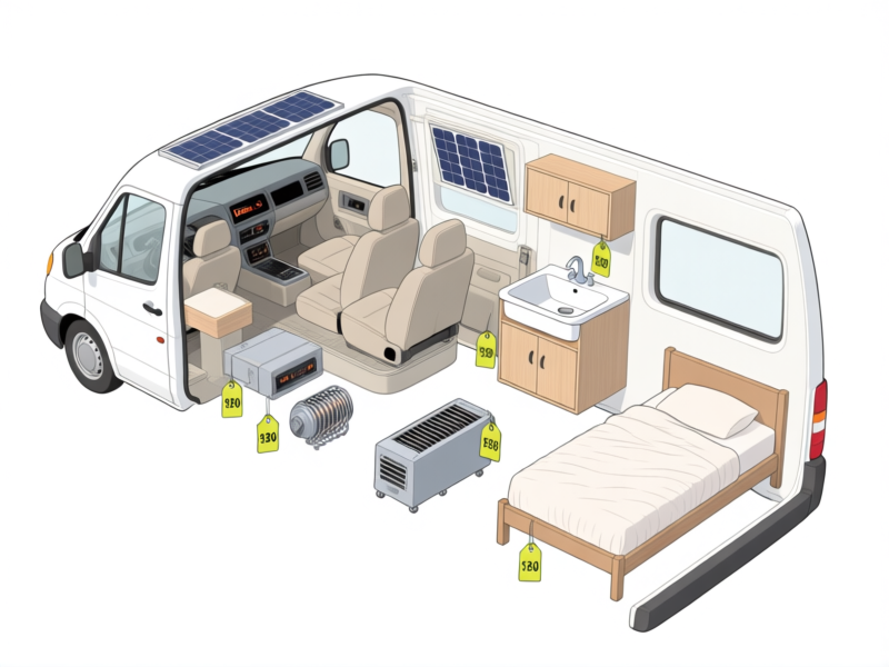 Midjourney/Stable Diffusion prompt: A detailed exploded-view diagram of a van interior, style of a technical illustration. Individual components like a diesel heater, solar panel, sink cabinet, and bed frame float in space with price tags attached. Clean white background. --ar 16:9