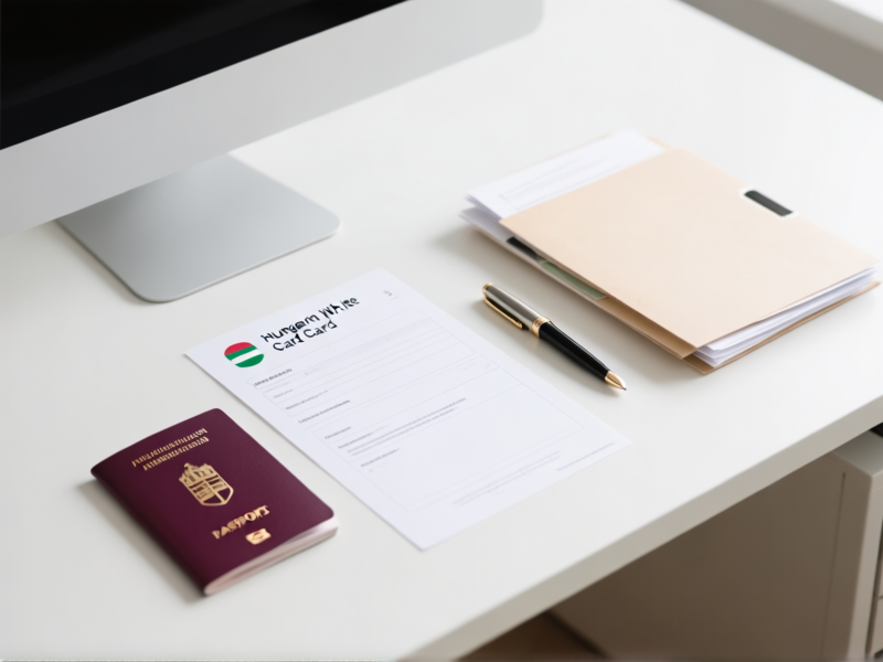 A well-organized, minimalist desk setup with a Hungarian White Card application form, a passport, a single neat file of documents, and a stylish pen. Clean background, bright, even light, focused on order and simplicity --style raw --ar 2:1