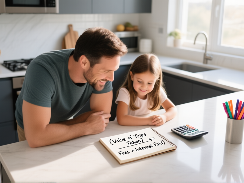 A modern kitchen counter. A father and daughter look over a simple, hand-drawn formula on a sketchbook: (Value of Trips Taken) ÷ (Fees + Interest Paid). A calculator and colored pens nearby. Natural morning light. Style: Modern lifestyle photography, candid and authentic.