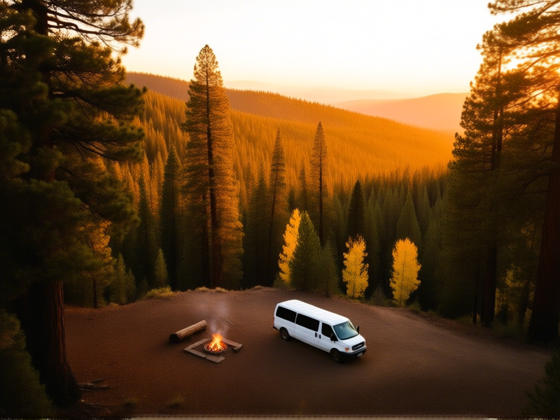 A breathtaking landscape photo at golden hour, a white van parked on a dirt pullout in a National Forest. Dense Ponderosa pines and aspens surround it, a small campfire glows nearby, style of modern outdoor adventure photography, warm tones, sharp focus.