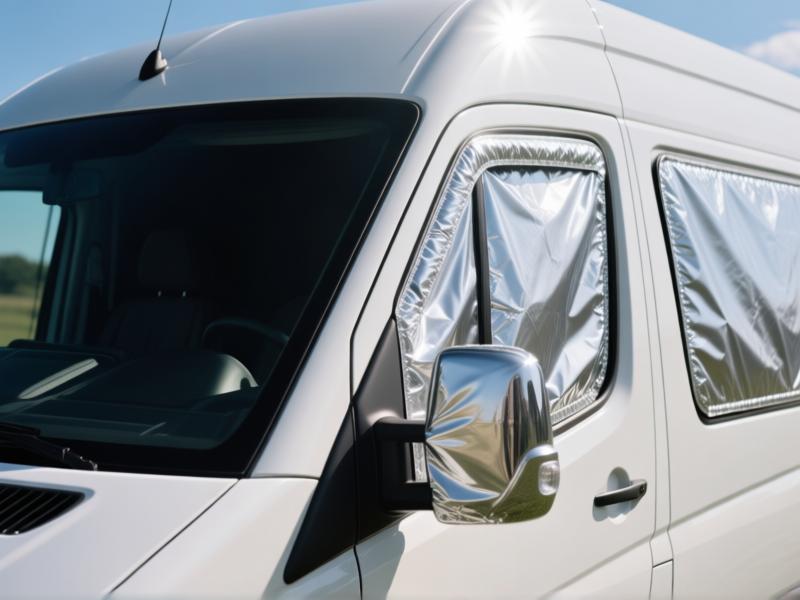 Midjourney prompt: A detailed shot of custom-fitted reflective silver window covers perfectly installed on a van's side and windshield. The sun is blazing outside, but the interior is dark and shaded. The material has a slight crinkle, very tactile. Shot close-up with sharp focus, natural light. --ar 16:9 --style raw