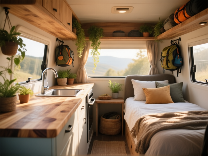 cozy van interior, warm afternoon sun streaming through windows, rustic butcher block countertop, neatly made bed with throw pillows, small kitchenette with sink and tap, plants hanging, adventure gear stored neatly, photorealistic, inviting atmosphere --ar 16:9
