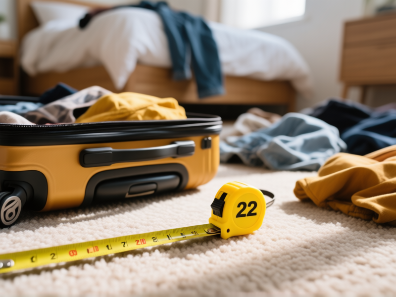 A close-up, top-down shot of a suitcase and a bright yellow tape measure on a carpeted bedroom floor. The tape shows 22 inches. Clothing is scattered around, sense of pre-trip chaos, soft natural light